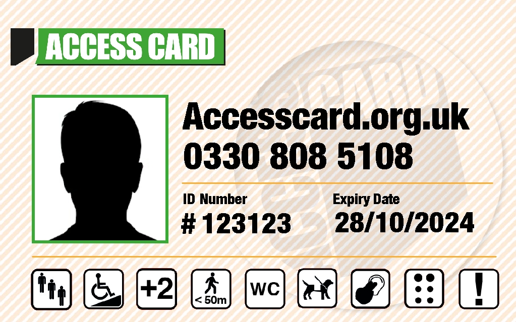 a sample image of an Access Card with symbols which denote the access requirements a disabled person has